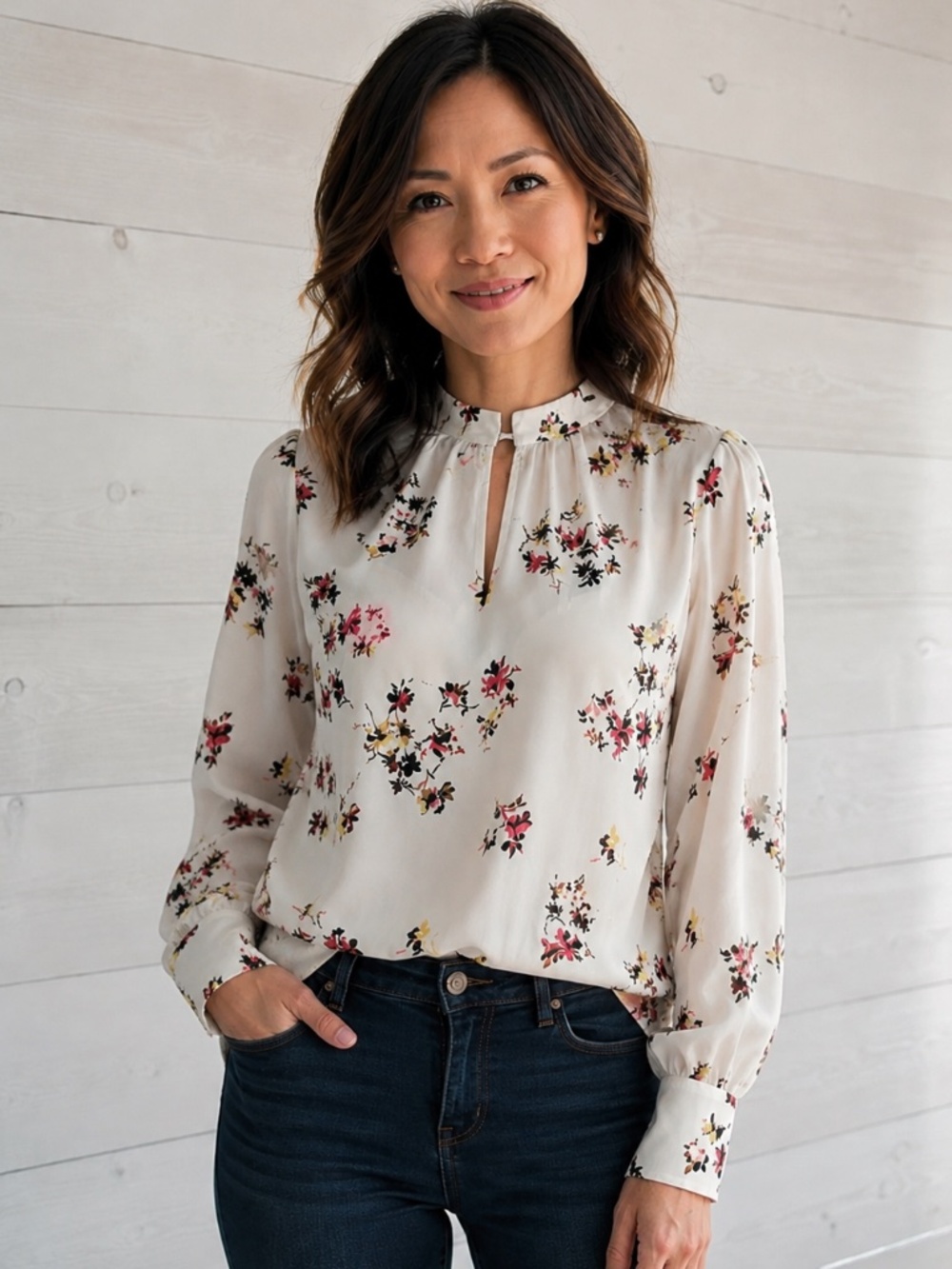 Ann Taylor Factory Cream Floral High Neck Blouse - XSP